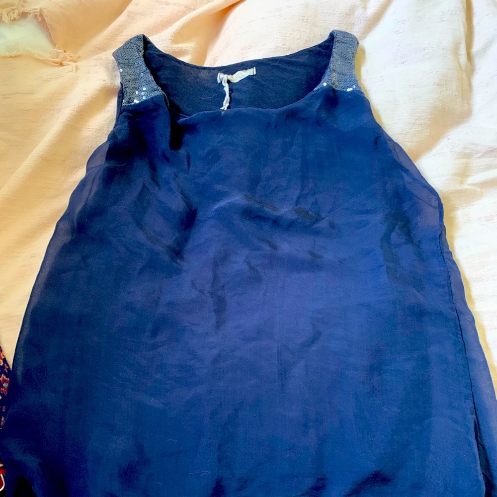 Italian Silk Navy Sleeveless Top with Sequin Detail on Shoulder